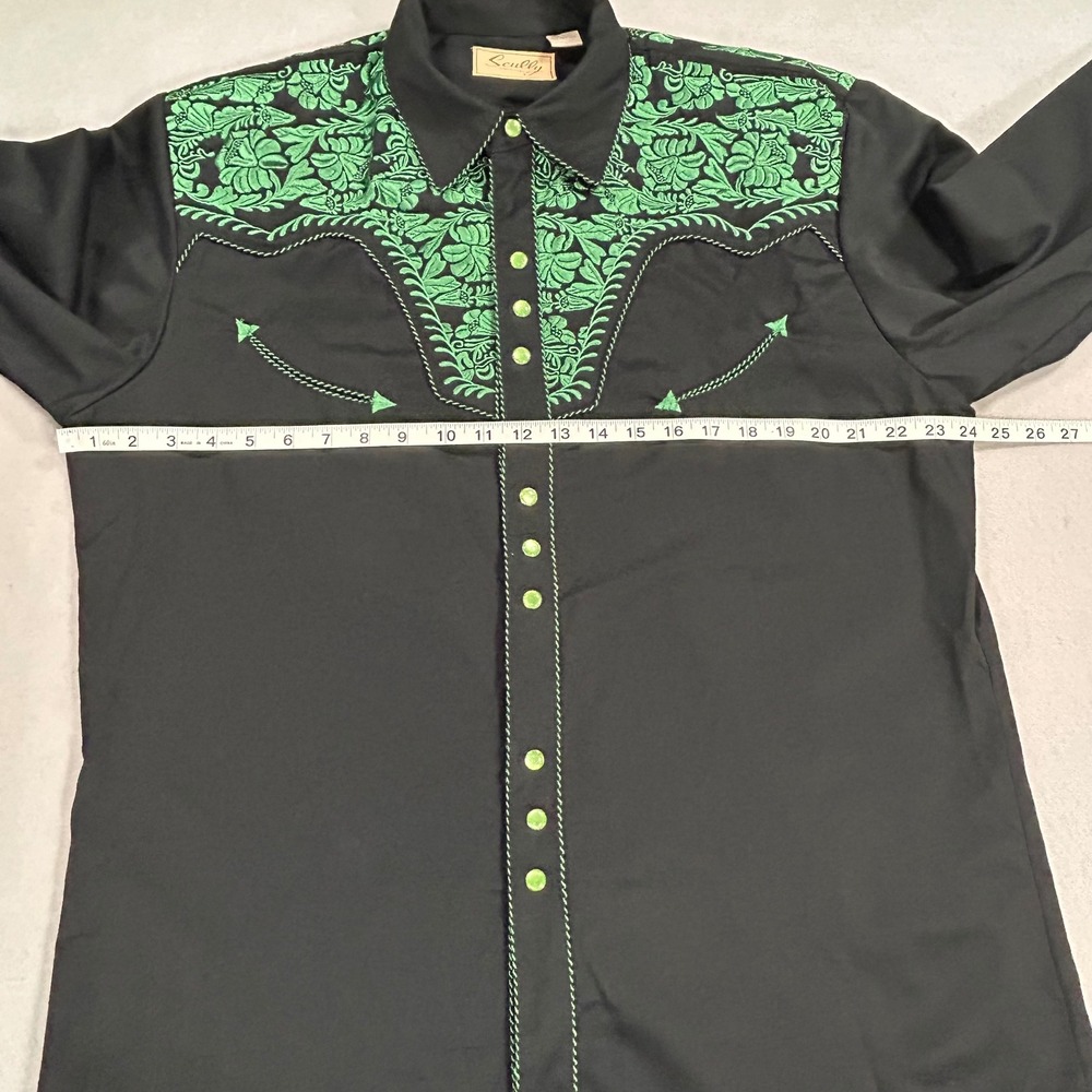 Scully Mens Western Gunfighter Shirt Black Green Embroidered Pearl Snap P-634 L - Picture 3 of 11